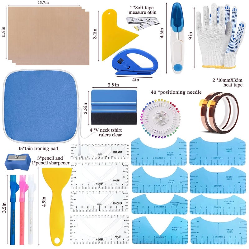 DNSGOOR Sublimation Shirts Tool Kits for Vinyl Alignment,Portable Pad for Ironing,T-Shirt Rulers Guide and Teflon Sheet for Cricut Heat Press HTV Vinyl Center Designs,Craft Sewing Accessories - Image 2